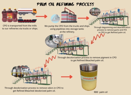 What is the operation process of refining CPO to RBD palm oil? What refining processes are included?
